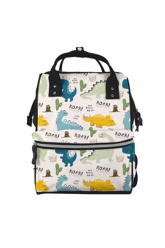 Childish Dinosaur Mummy Backpack - Waterproof Twill Canvas, Large Capacity Diaper Bag with Multiple Pockets and Adjustable Straps