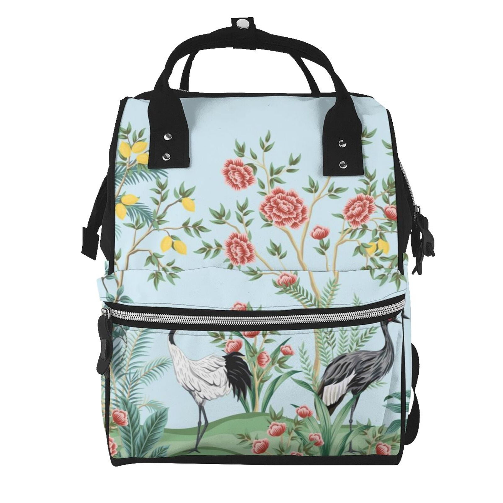Ratiio Chinoiserie Floral Palm Tree Mummy Backpack - Waterproof Twill Canvas, Large Capacity Diaper Bag with Multiple Pockets and Adjustable Straps
