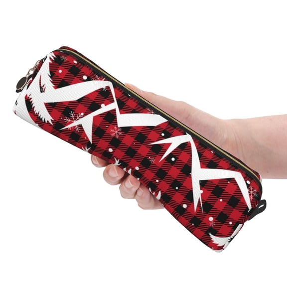 Ratiio Christmas Buffalo Plaid Pattern Leather Pencil Case, Pencil Pouch with Durable Zipper, Compact and Stylish Organizer for Stationery, Art Supplies, Travel Essentials