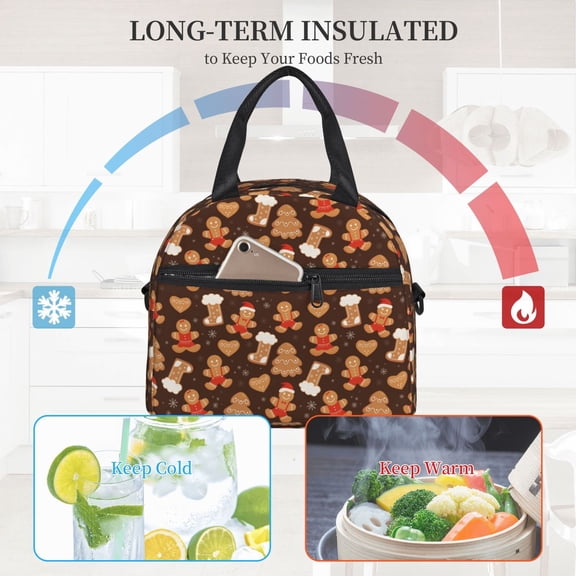 Ratiio Christmas Gingerbread Cookies Pattern Lunch Bag ,Insulated Lunch Box, Small Leakproof Cooler Food Lunch Containers Reusable High Capacity Lunch Tote Bags