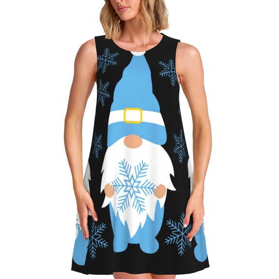 Ratiio Christmas Gnome Snowflake Pattern Women's Sleeveless Dress - Casual Summer Dress with Pockets, Above Knee Length, Round Neck, Ideal for Beach, Vacation, Work