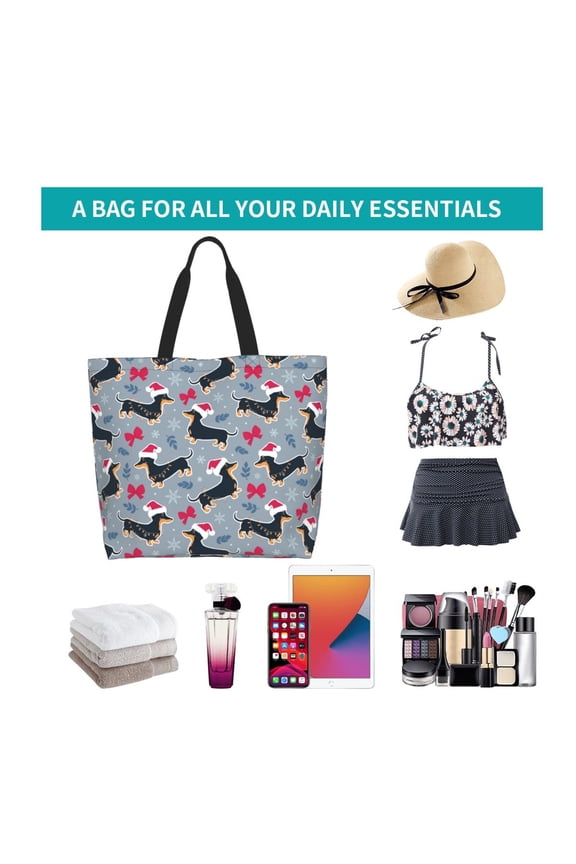 Christmas Hat Dachshund Print Reusable Grocery Bags - Washable, Foldable, Packable Tote, Large Handles, Heavy Duty, Zippered Top Pouch