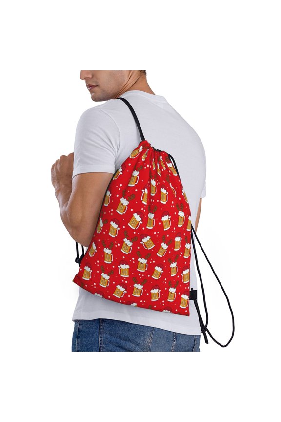 Christmas Hat beer Print Drawstring Backpack Bag Sport Gym Sackpack Heavy Duty String Backpack for Men Women