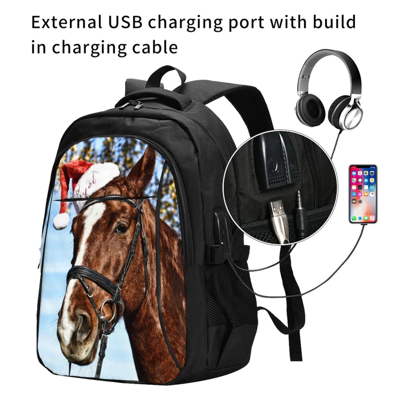 Cute Horse With Flowers Laptop Backpack | 14-Inch, Water Resistant Daypack For School & Travel - View #9