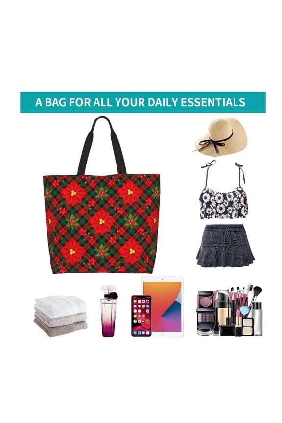 Christmas Plaid Flower Print Reusable Grocery Bags - Washable, Foldable, Packable Tote, Large Handles, Heavy Duty, Zippered Top Pouch