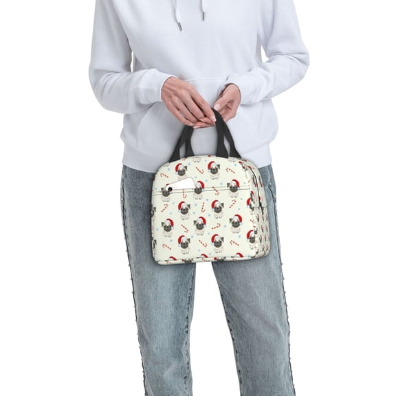 Ratiio Christmas Pug Dog Print Lunch Bag Lunch Box Insulated Lunch Bag Adult Lunch Box for Men and Women