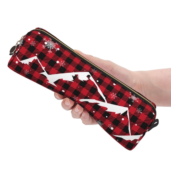 Ratiio Christmas Tree Buffalo Plaid Pattern Leather Pencil Case, Pencil Pouch with Durable Zipper, Compact and Stylish Organizer for Stationery, Art Supplies, Travel Essentials