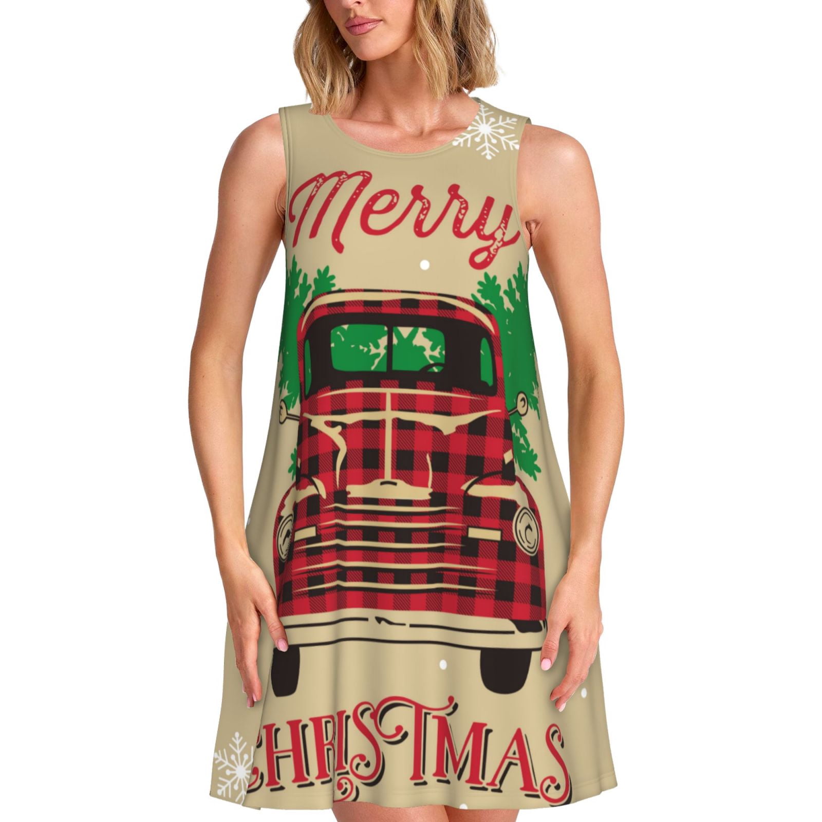 red truck christmas dress Born Famous Womens Red Truck & Camper Print High Neck Long Sleeve Christmas Holiday Dress S, Women's, Size: Small