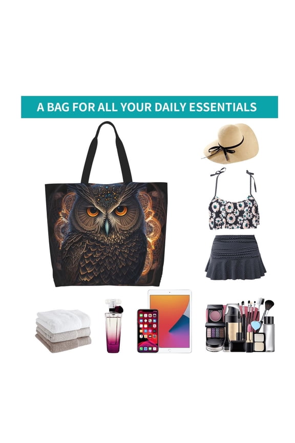 Classical Style Brown Owl Print Reusable Grocery Bags - Washable, Foldable, Packable Tote, Large Handles, Heavy Duty, Zippered Top Pouch