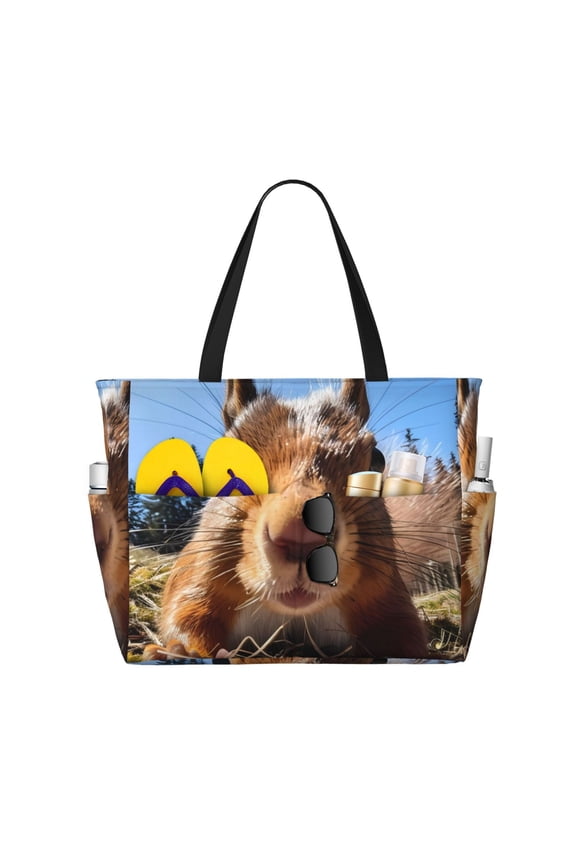 Close-Up Curious Squirrel Print Large Capacity Beach Travel Bag, Polyester Waterproof Tote Bag with Zipper for Vacation and Daily Use