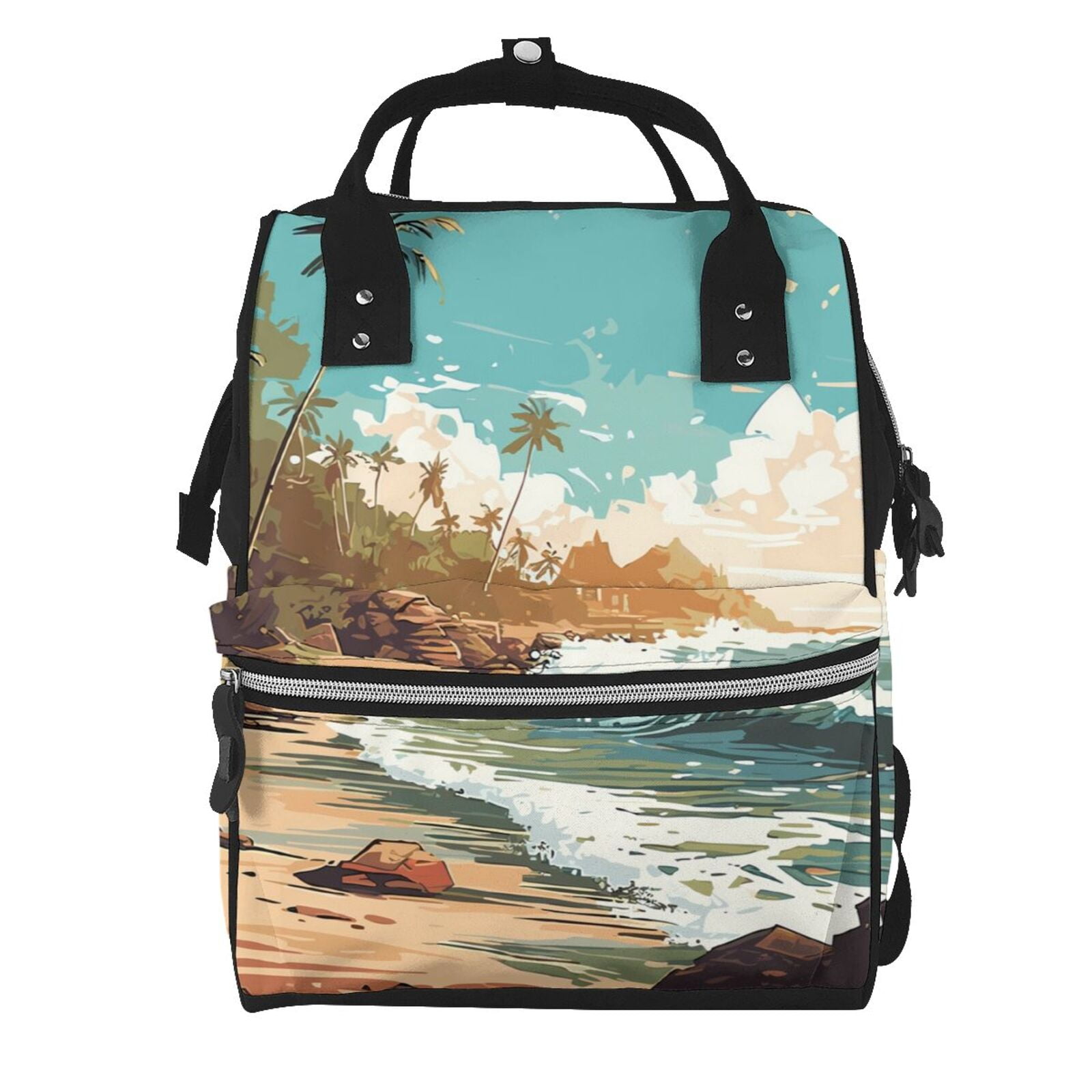 Ratiio Coastal Palm Beach Mummy Backpack - Waterproof Twill Canvas, Large Capacity Diaper Bag with Multiple Pockets and Adjustable Straps