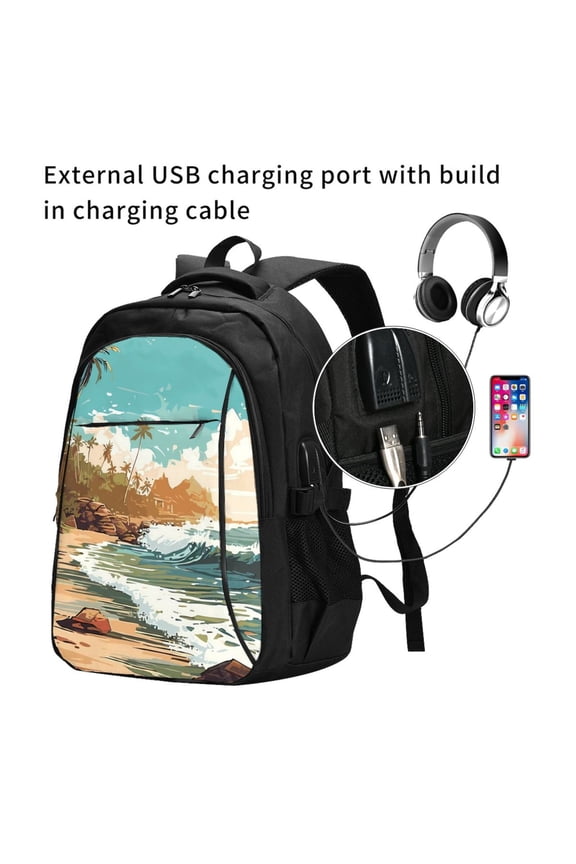 Coastal Palm Beach Print Travel Laptop Backpack,Slim Sturdy Laptops Backpack with USB Charging Port, Water Resistant College School Computer Bag
