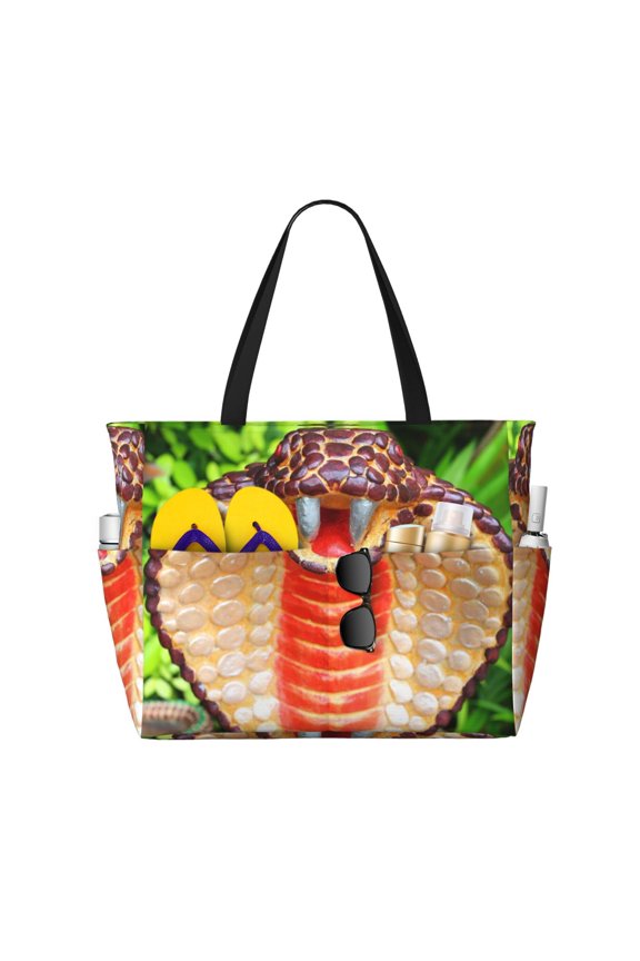Cobra Snake Print Large Capacity Beach Travel Bag, Polyester Waterproof Tote Bag with Zipper for Vacation and Daily Use