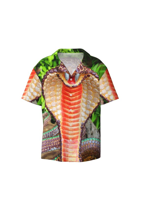 Cobra Snake Print Mens Casual Short Sleeve Shirts Button Down Textured Shirts Summer Beach Shirt with Pocket Men's Casual Short-sleeved Shirt