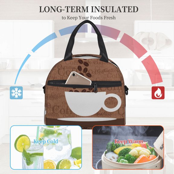 Ratiio Coffee Cafe Cup Pattern Lunch Bag ,Insulated Lunch Box, Small Leakproof Cooler Food Lunch Containers Reusable High Capacity Lunch Tote Bags