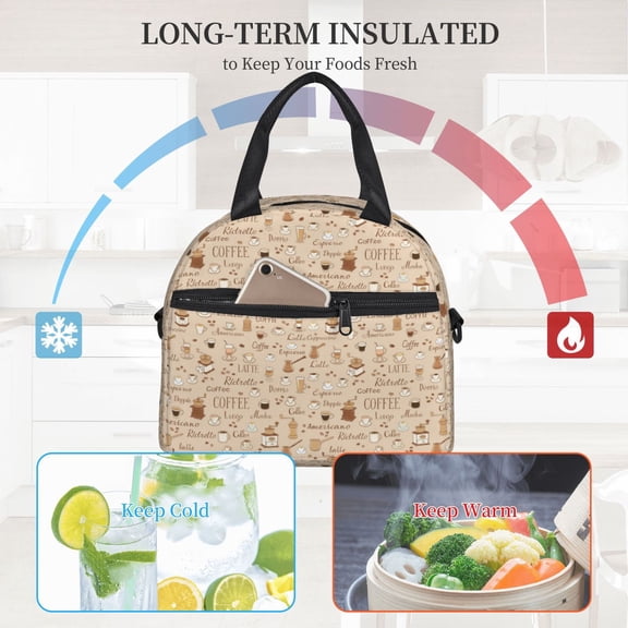 Ratiio Coffee Time Pattern Lunch Bag ,Insulated Lunch Box, Small Leakproof Cooler Food Lunch Containers Reusable High Capacity Lunch Tote Bags