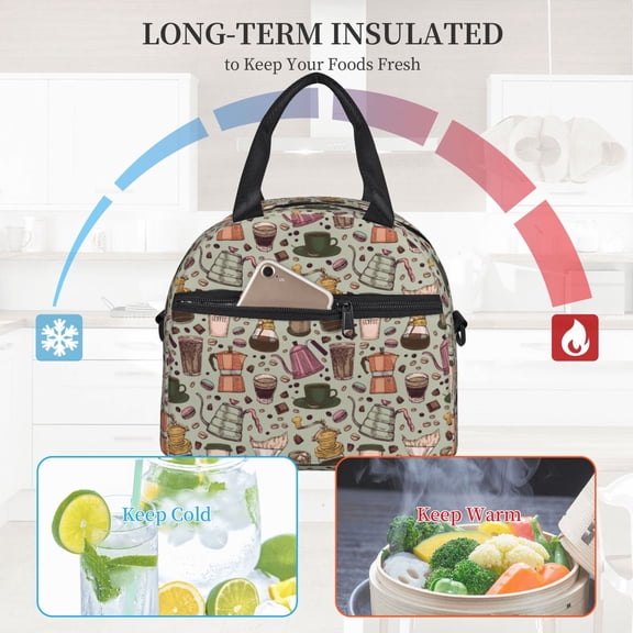 Ratiio Coffee pots cup Pattern Lunch Bag ,Insulated Lunch Box, Small Leakproof Cooler Food Lunch Containers Reusable High Capacity Lunch Tote Bags