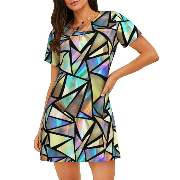 Ratiio Colored Glass Print Women's Short-sleeved Nightdress - Casual A-line Sleeveless Sleepwear Dress for Summer, Comfortable and Breathable