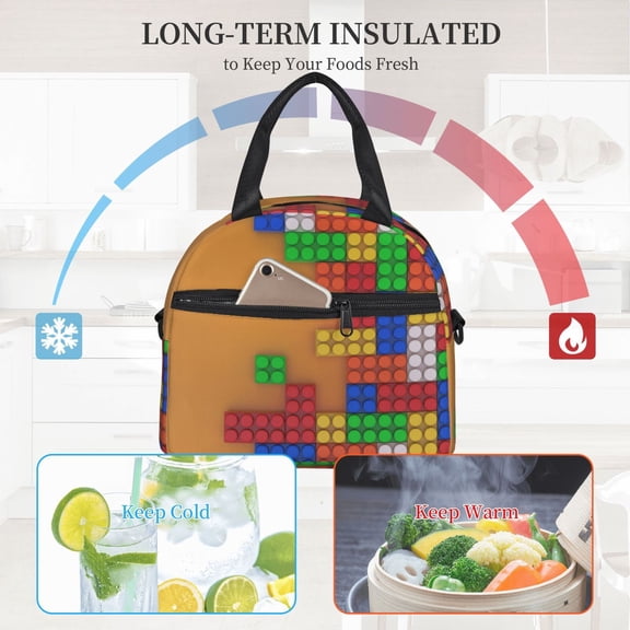 Ratiio Colorful Building Blocks A Pattern Lunch Bag ,Insulated Lunch Box, Small Leakproof Cooler Food Lunch Containers Reusable High Capacity Lunch Tote Bags