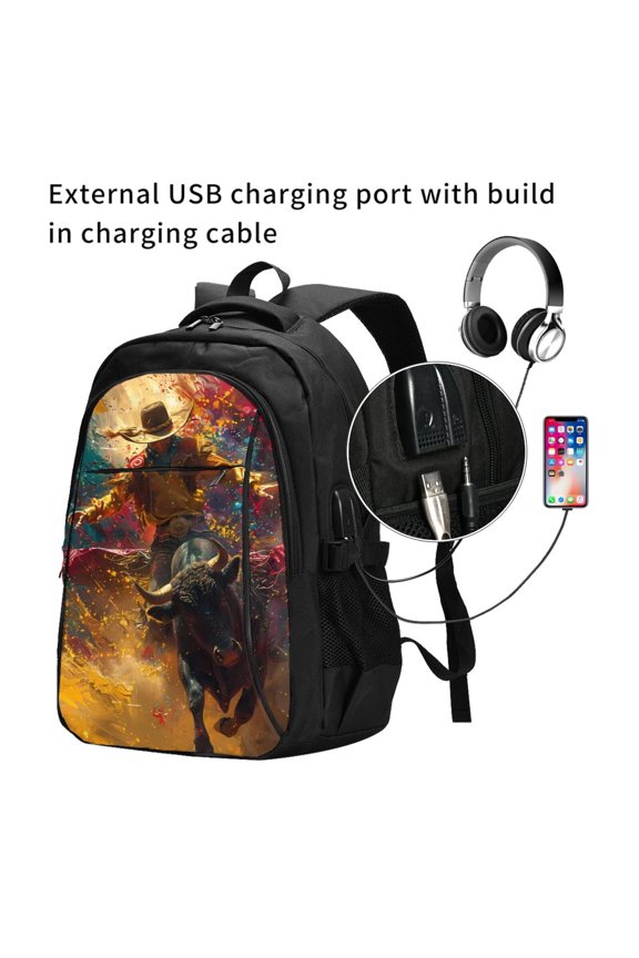 Colorful Bull Western Man Print Travel Laptop Backpack,Slim Sturdy Laptops Backpack with USB Charging Port, Water Resistant College School Computer Bag