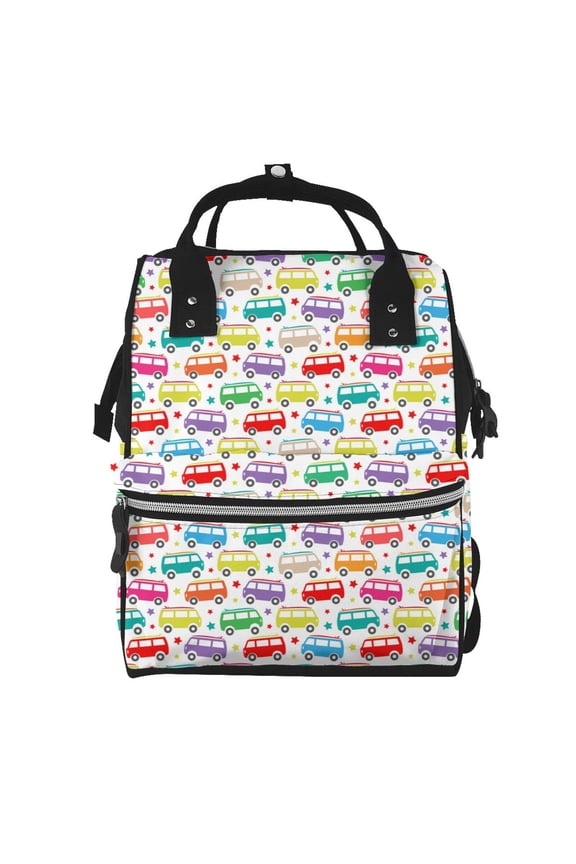 Colorful Bus Mummy Backpack - Waterproof Twill Canvas, Large Capacity Diaper Bag with Multiple Pockets and Adjustable Straps