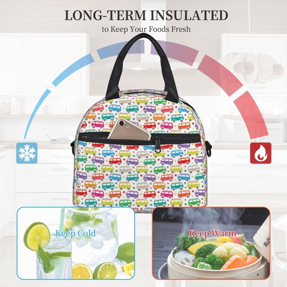 Ratiio Colorful Bus Pattern Lunch Bag ,Insulated Lunch Box, Small Leakproof Cooler Food Lunch Containers Reusable High Capacity Lunch Tote Bags