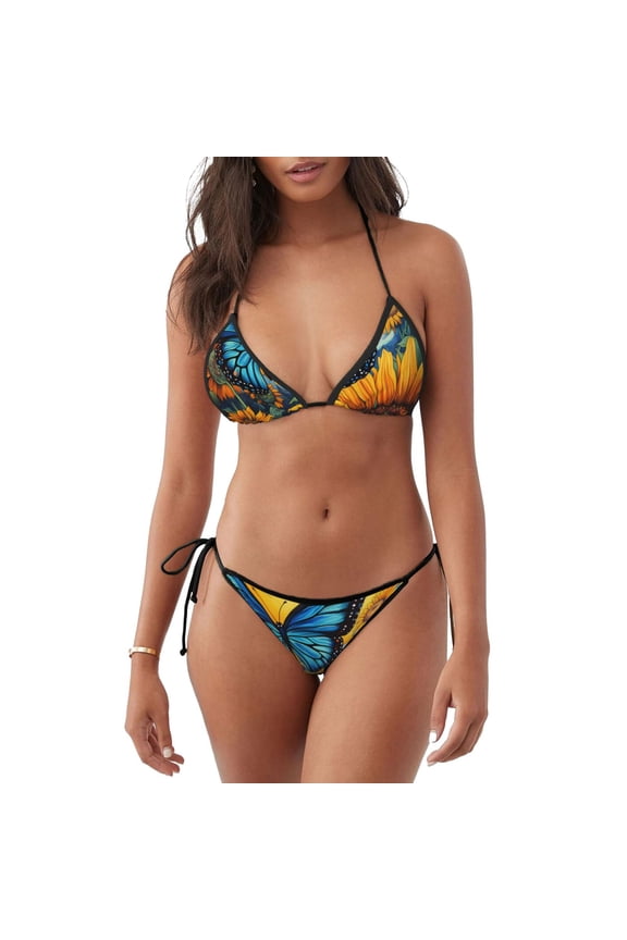 Colorful Cloud Butterfly Sunflower Pattern Women's Two Piece Bikini Swimsuit - Adjustable Tie Bikini Set Sexy & Comfortable Beach Swimwear