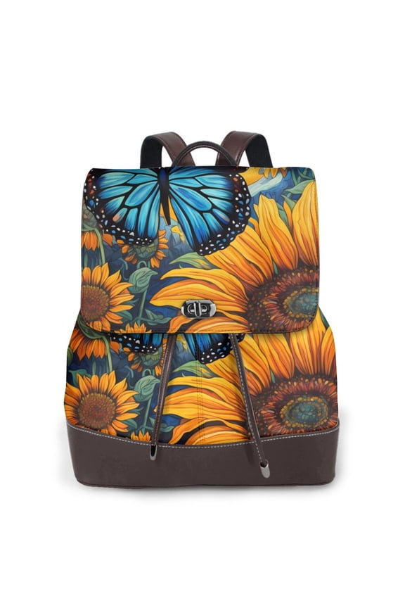 Colorful Cloud Butterfly Sunflower Pattern Womens Backpack Purse Leather Backpack Purse for Women Travel Fashion Backpack Designer Ladies Shoulder Bags