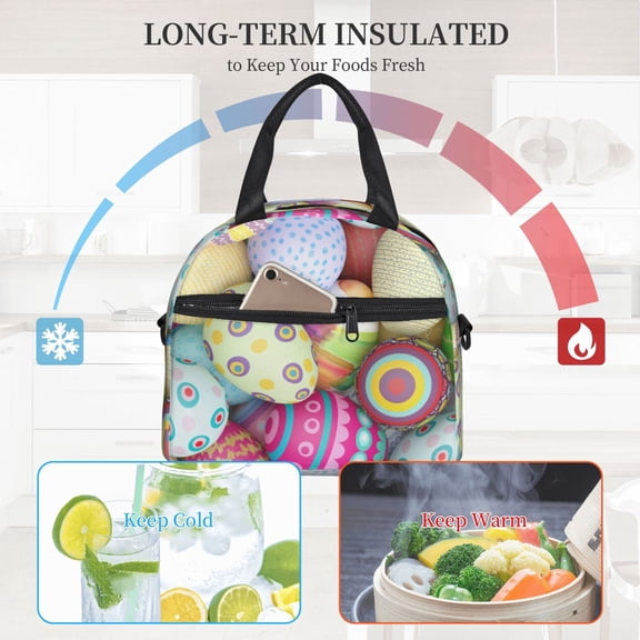 Ratiio Colorful Easter Eggs Pattern Lunch Bag ,Insulated Lunch Box, Small Leakproof Cooler Food Lunch Containers Reusable High Capacity Lunch Tote Bags
