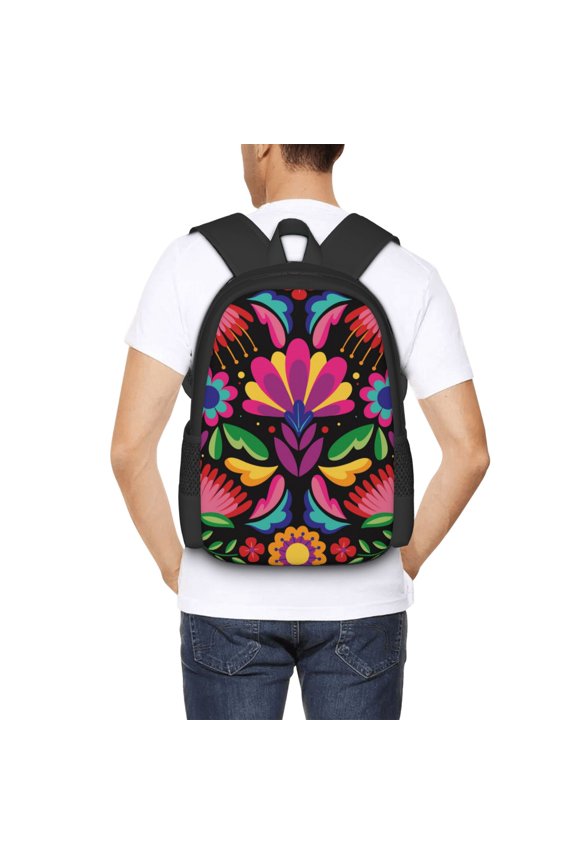 Colorful Floral Embroidery Mexican Backpack for Men and Women - Durable 600D Oxford Cloth -Large Capacity, Water-Resistant School, Travel, and Hiking Bag