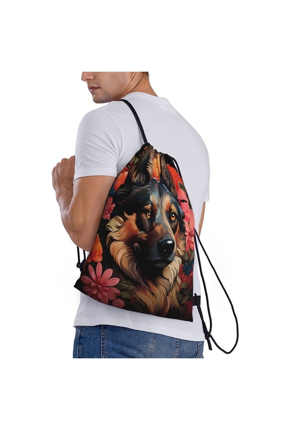 Colorful Flower German Shepherd Print Drawstring Backpack Bag Sport Gym Sackpack Heavy Duty String Backpack for Men Women