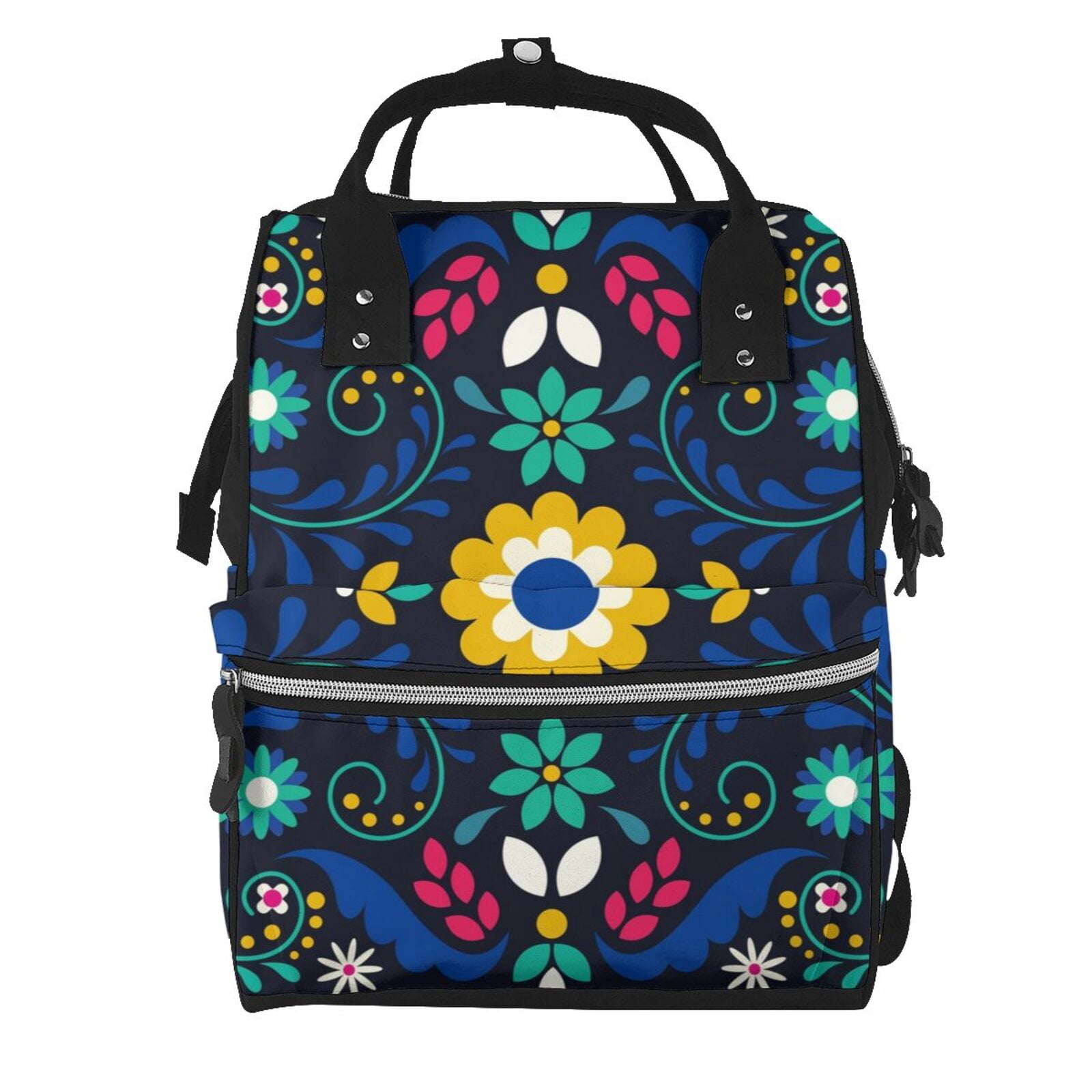 Ratiio Colorful Mexican Flower Mummy Backpack - Waterproof Twill Canvas, Large Capacity Diaper Bag with Multiple Pockets and Adjustable Straps