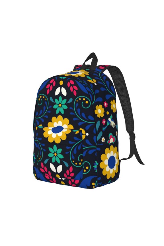 Colorful Mexican Flower Print Canvas Backpack for Women & Men Retro Aesthetic Rucksack Basic Backpack for High School/College Students Travel Laptop Bag