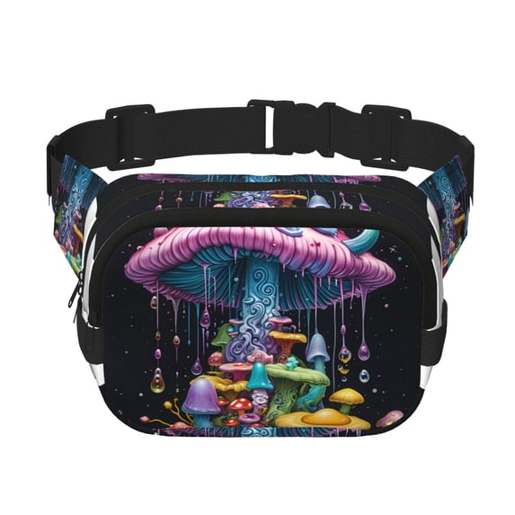 Ratiio Colorful Mushroom Pattern Square Double Layer Waist Bag, Durable Twill Fabric Waist Pack with Adjustable Belt,Outdoor Hiking, Running, Travel Waist Bag