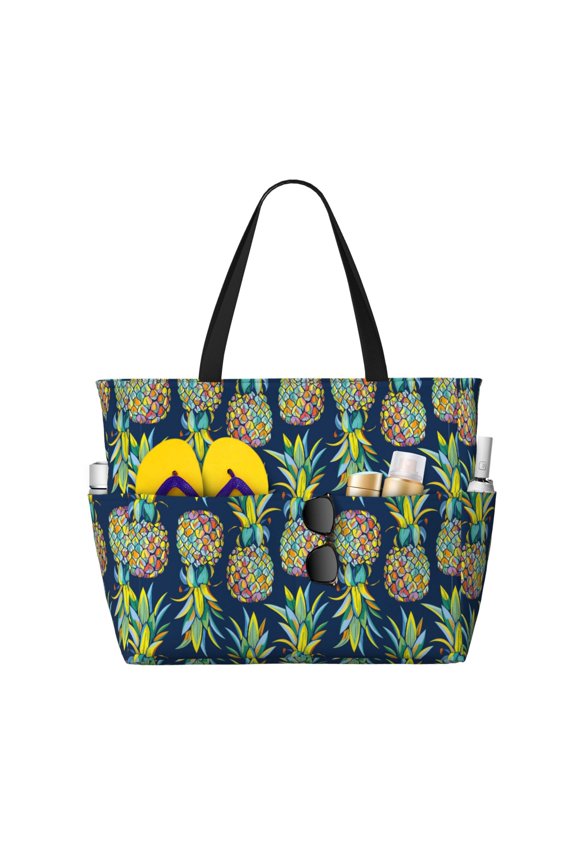 Colorful Pineapples Print Large Capacity Beach Travel Bag, Polyester Waterproof Tote Bag with Zipper for Vacation and Daily Use