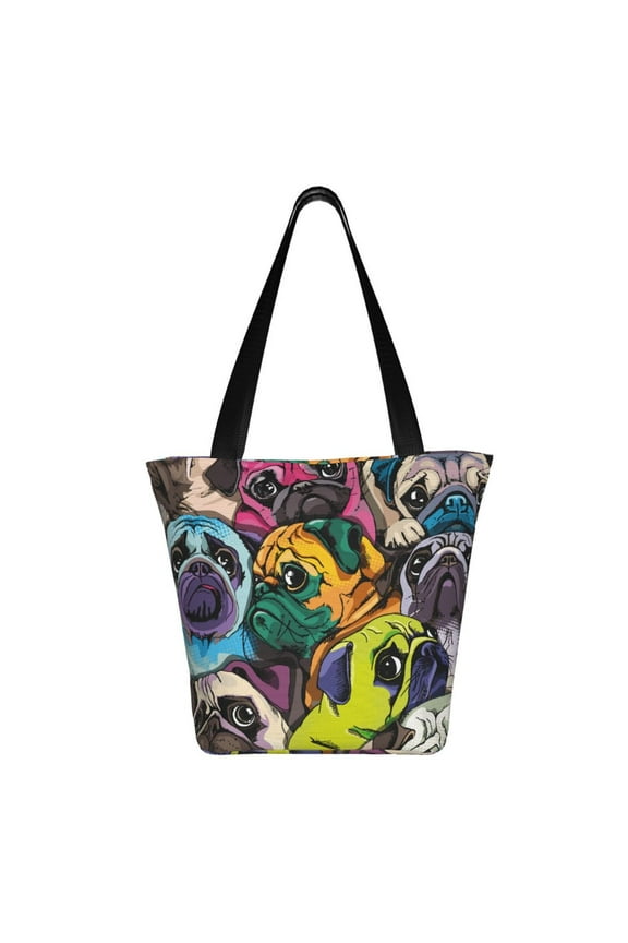 Colorful Pug Print Shoulder Bag for Women, Polyester Crossbody Purse Lightweight Handbag for Daily Travel and Casual Use
