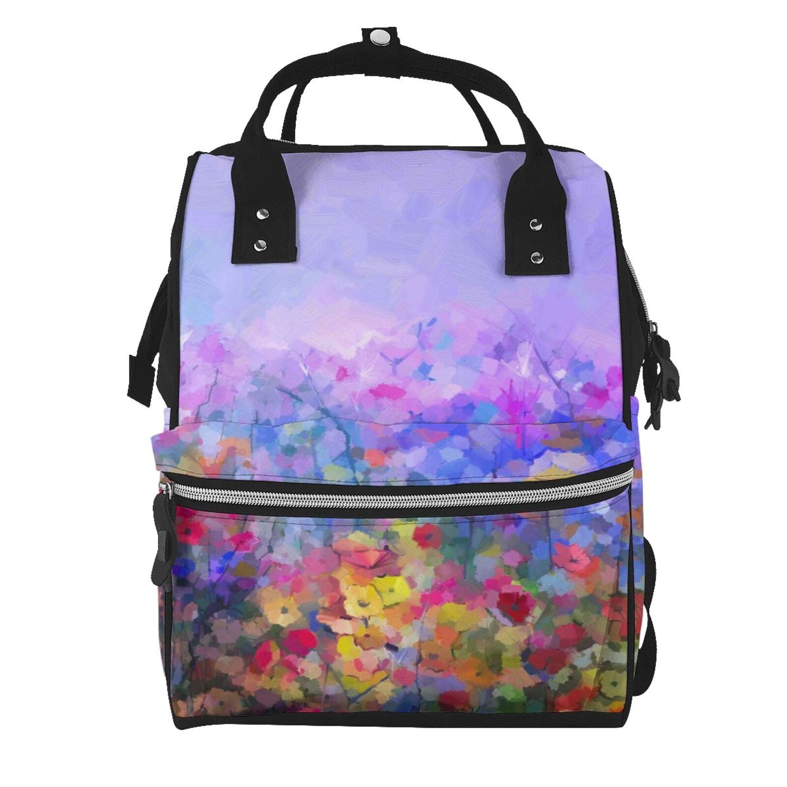 Ratiio Colorful Purple Cosmos Flower Mummy Backpack - Waterproof Twill Canvas, Large Capacity Diaper Bag with Multiple Pockets and Adjustable Straps