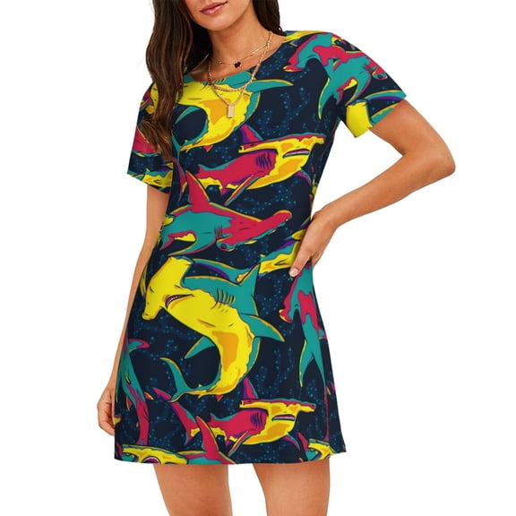 Ratiio Colorful Sharks Print Women's Short-sleeved Nightdress - Casual A-line Sleeveless Sleepwear Dress for Summer, Comfortable and Breathable
