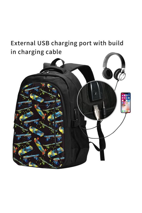 Colorful Skateboard Print Travel Laptop Backpack,Slim Sturdy Laptops Backpack with USB Charging Port, Water Resistant College School Computer Bag