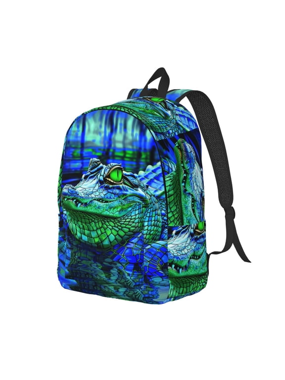 Colorful Stained Glass Crocodile Print Canvas Backpack for Women & Men Retro Aesthetic Rucksack Basic Backpack for High School/College Students Travel Laptop Bag