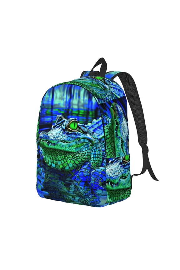 Colorful Stained Glass Crocodile Print Canvas Backpack for Women & Men Retro Aesthetic Rucksack Basic Backpack for High School/College Students Travel Laptop Bag
