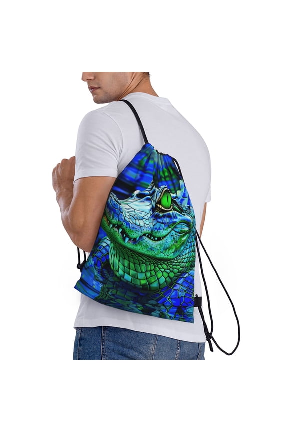 Colorful Stained Glass Crocodile Print Drawstring Backpack Bag Sport Gym Sackpack Heavy Duty String Backpack for Men Women