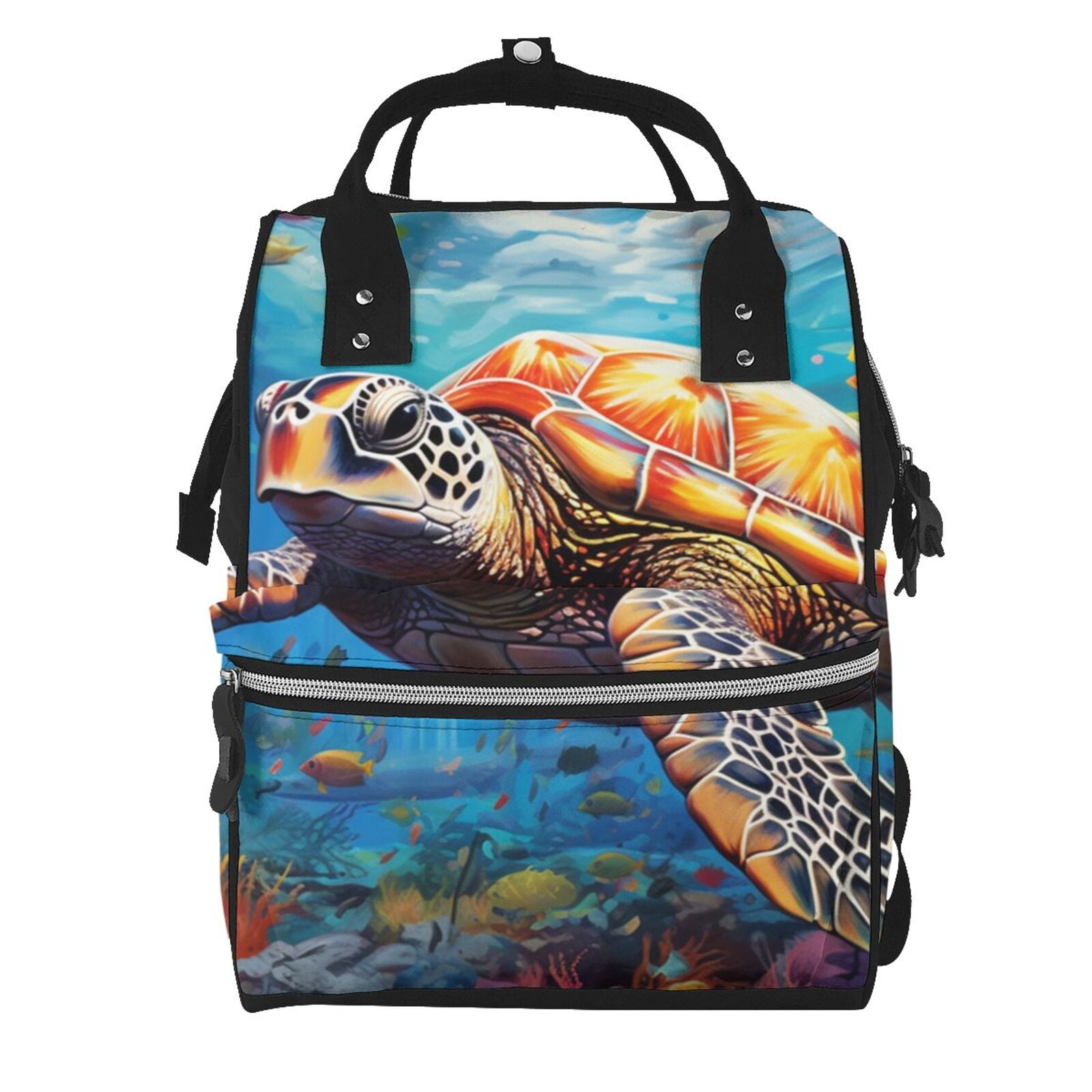 Ratiio Colorful Underwater Sea Turtle Mummy Backpack - Waterproof Twill Canvas, Large Capacity Diaper Bag with Multiple Pockets and Adjustable Straps