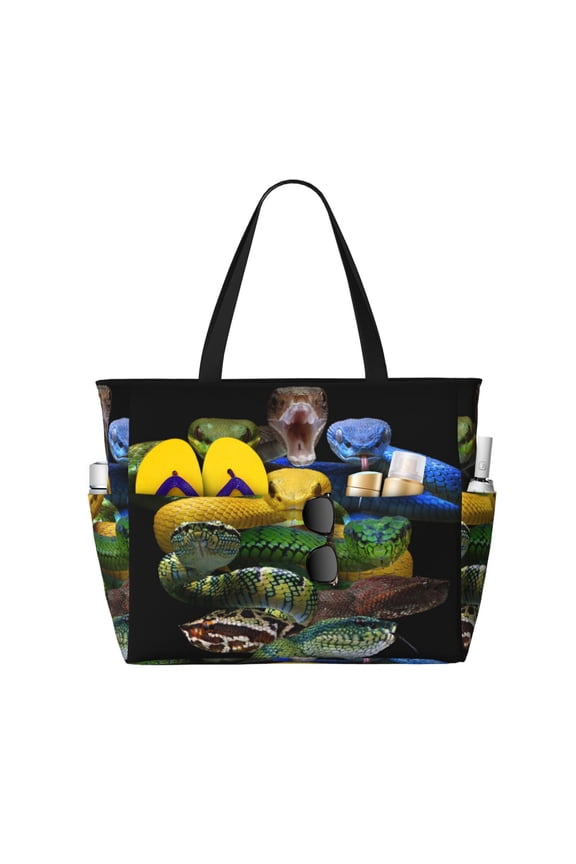 Colorful Viper Snake Print Large Capacity Beach Travel Bag, Polyester Waterproof Tote Bag with Zipper for Vacation and Daily Use