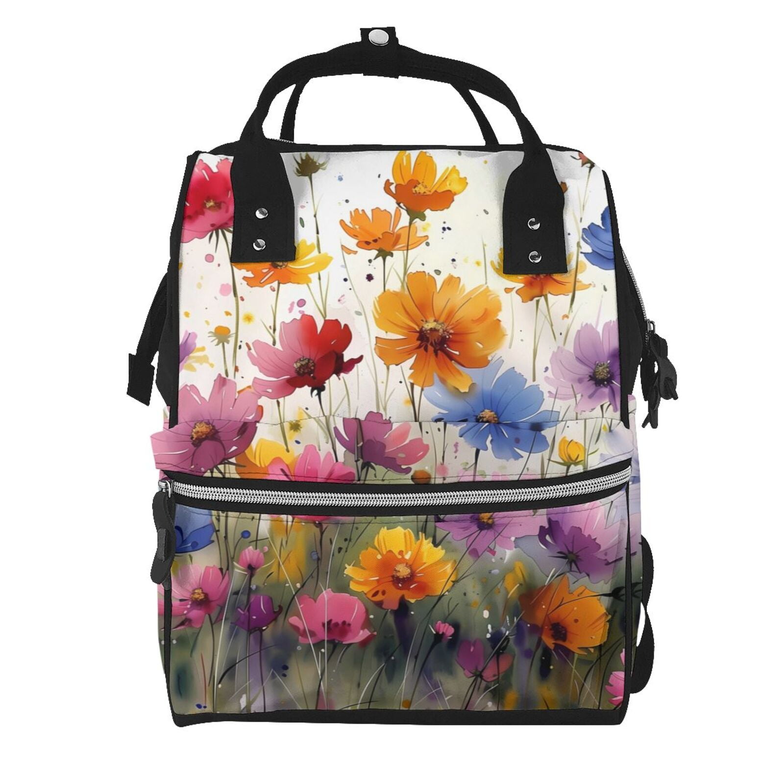 Ratiio Colorful Wildflower Meadow Mummy Backpack - Waterproof Twill Canvas, Large Capacity Diaper Bag with Multiple Pockets and Adjustable Straps