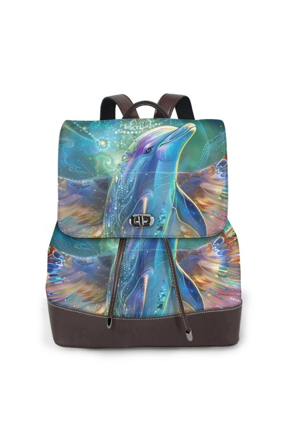 Colorful Winged Dolphin Pattern Womens Backpack Purse Leather Backpack Purse for Women Travel Fashion Backpack Designer Ladies Shoulder Bags