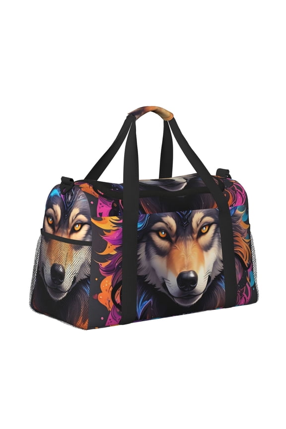 Colorful Wolf Head Pattern Hand Travel Bag, Weekender Carry On for Women Men, Sports Gym Bag, Workout Duffel Bag, Overnight Shoulder Bag fit 15.6 Inch Laptop