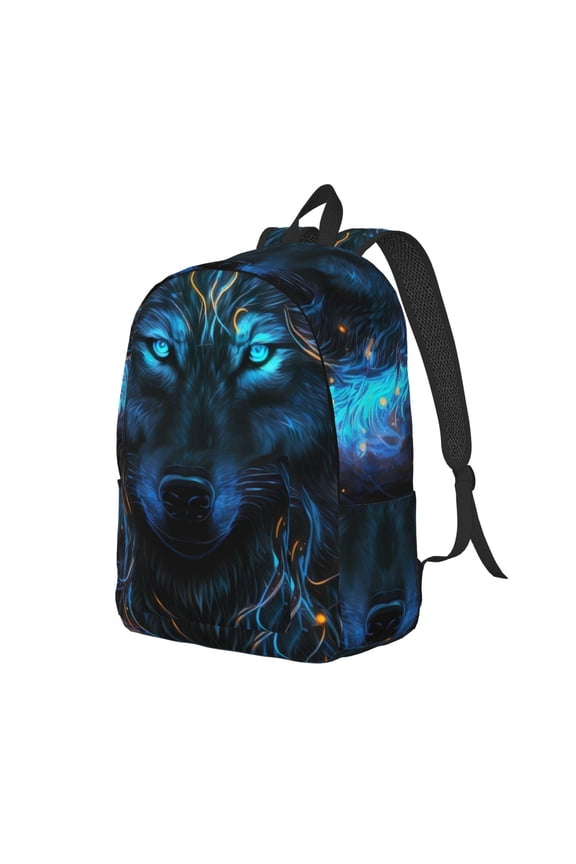 Cool Blue Light Wolf Print Canvas Backpack for Women & Men Retro Aesthetic Rucksack Basic Backpack for High School/College Students Travel Laptop Bag