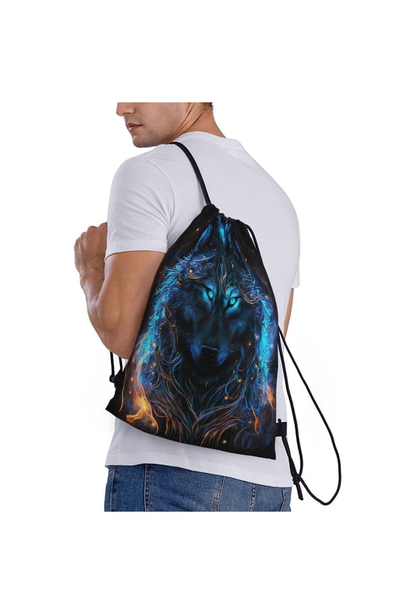 Cool Blue Light Wolf Print Drawstring Backpack Bag Sport Gym Sackpack Heavy Duty String Backpack for Men Women