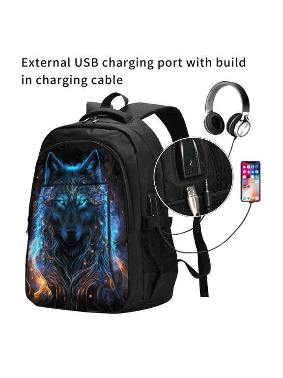 Cool Blue Light Wolf Print Travel Laptop Backpack,Slim Sturdy Laptops Backpack with USB Charging Port, Water Resistant College School Computer Bag